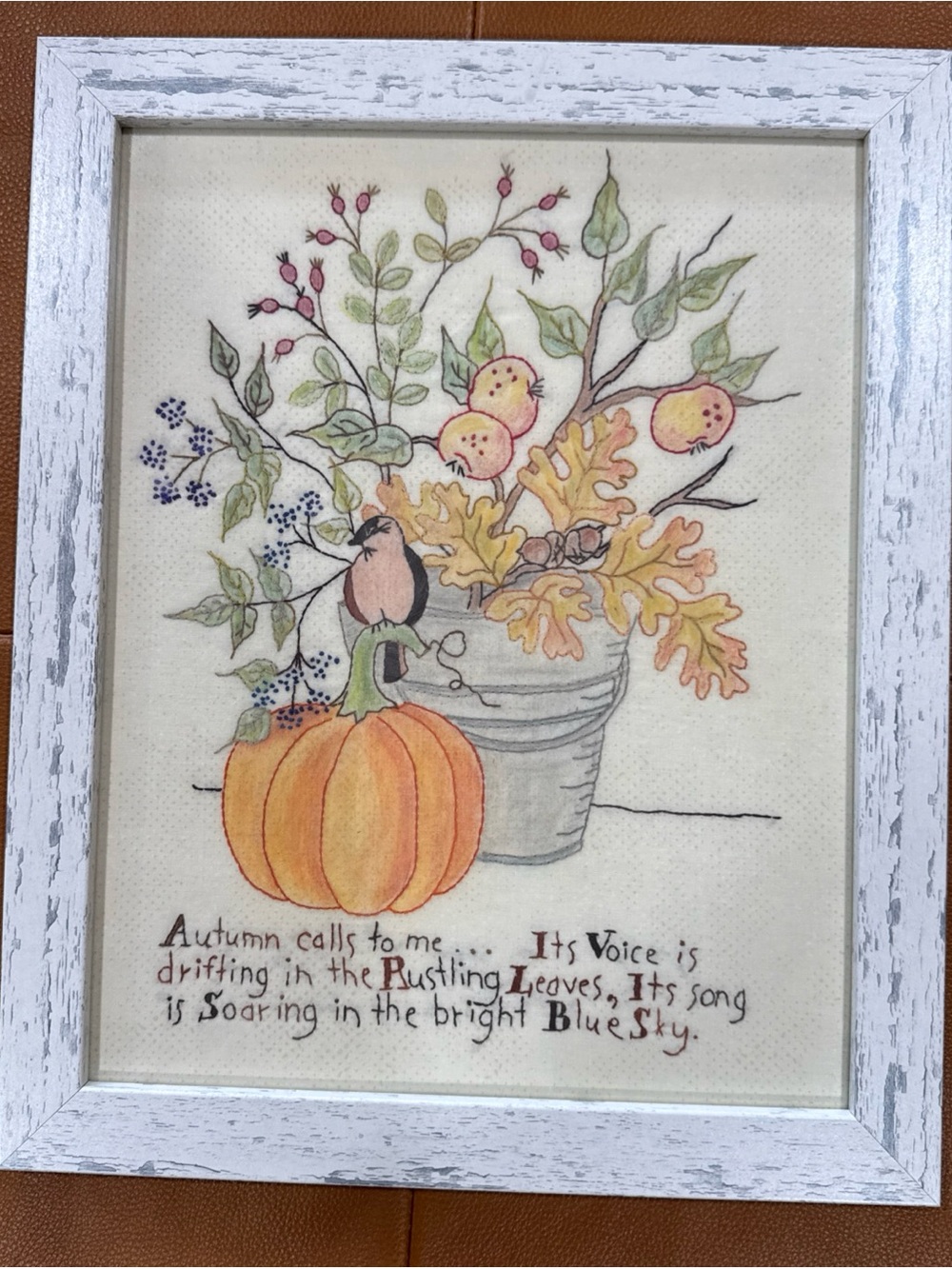 Shabby Chic Framed Autumn Embroidery Pumpkin Bird Fall Wall Art 16x13